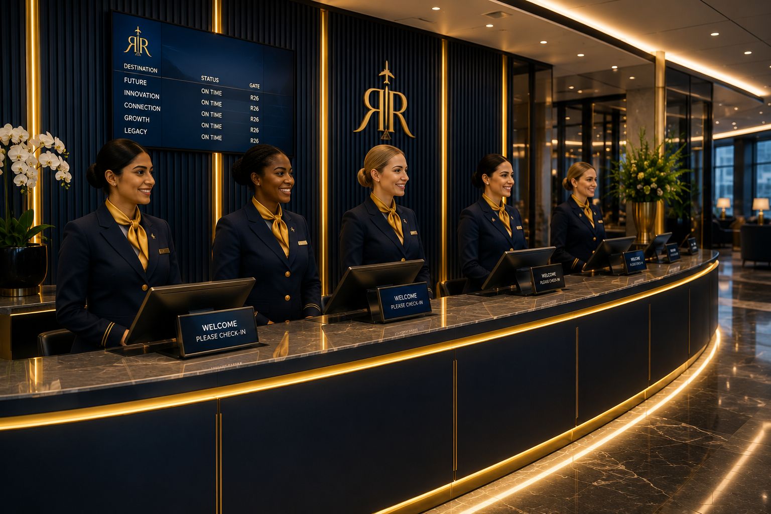 A premium check-in counter styled in navy and gold