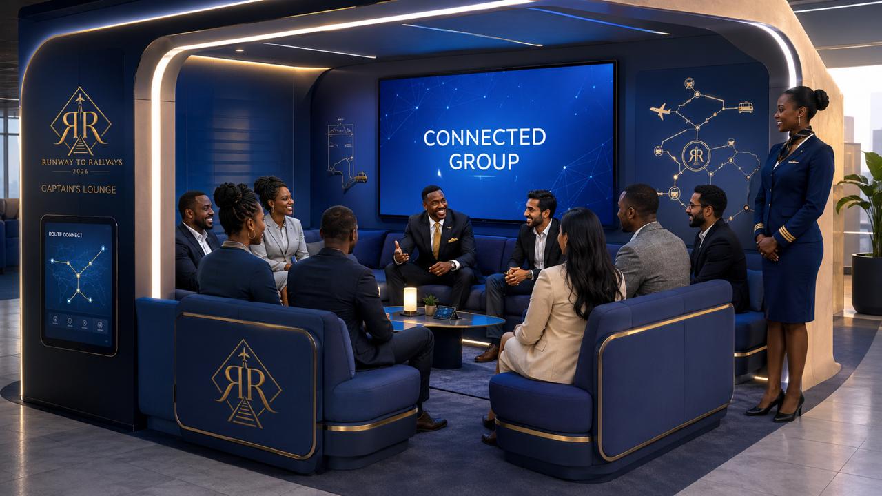 The Captain's Lounge: professionals gathered in a navy and gold branded suite