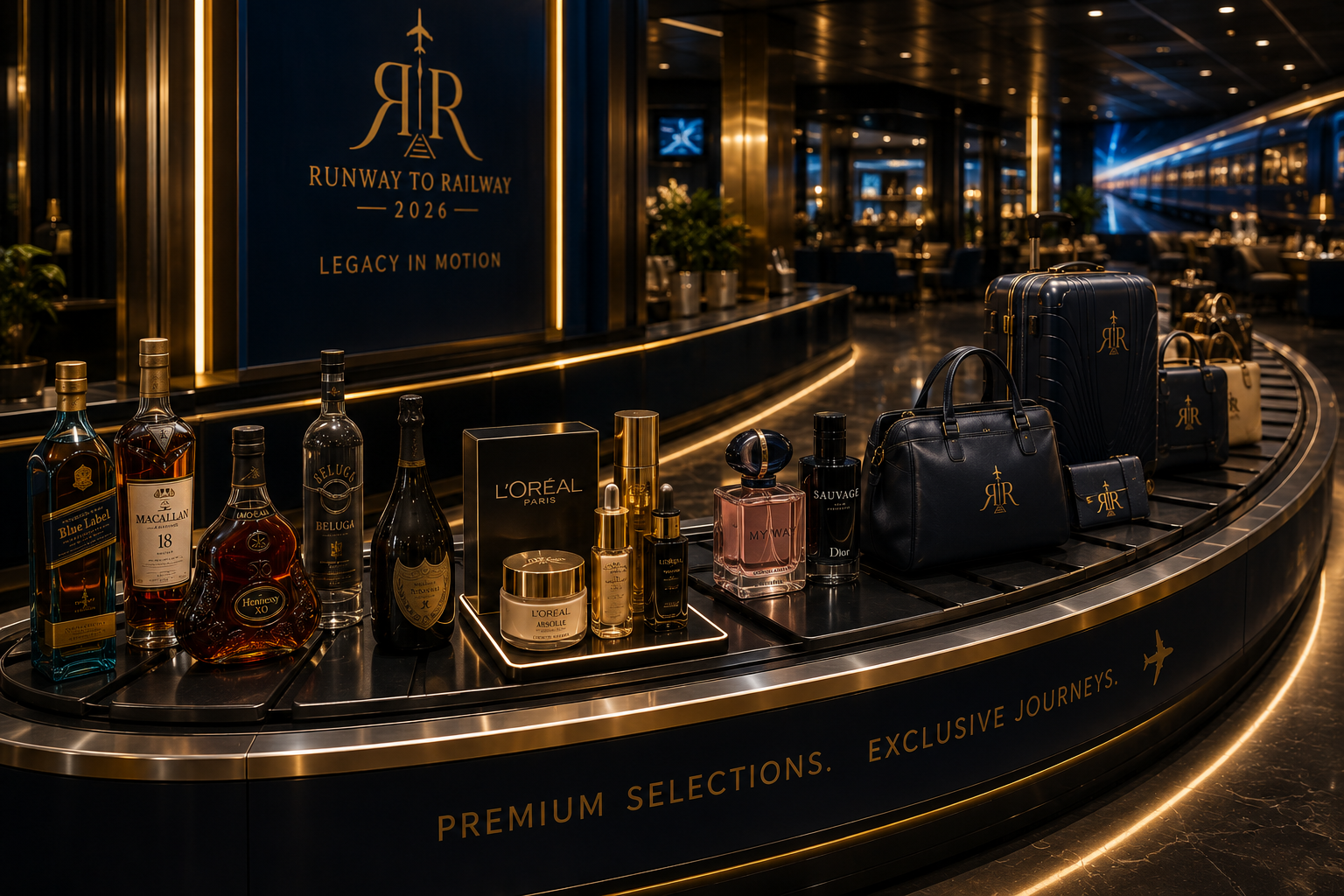 A curved luxury bar with premium spirits, beauty selections, and branded luggage