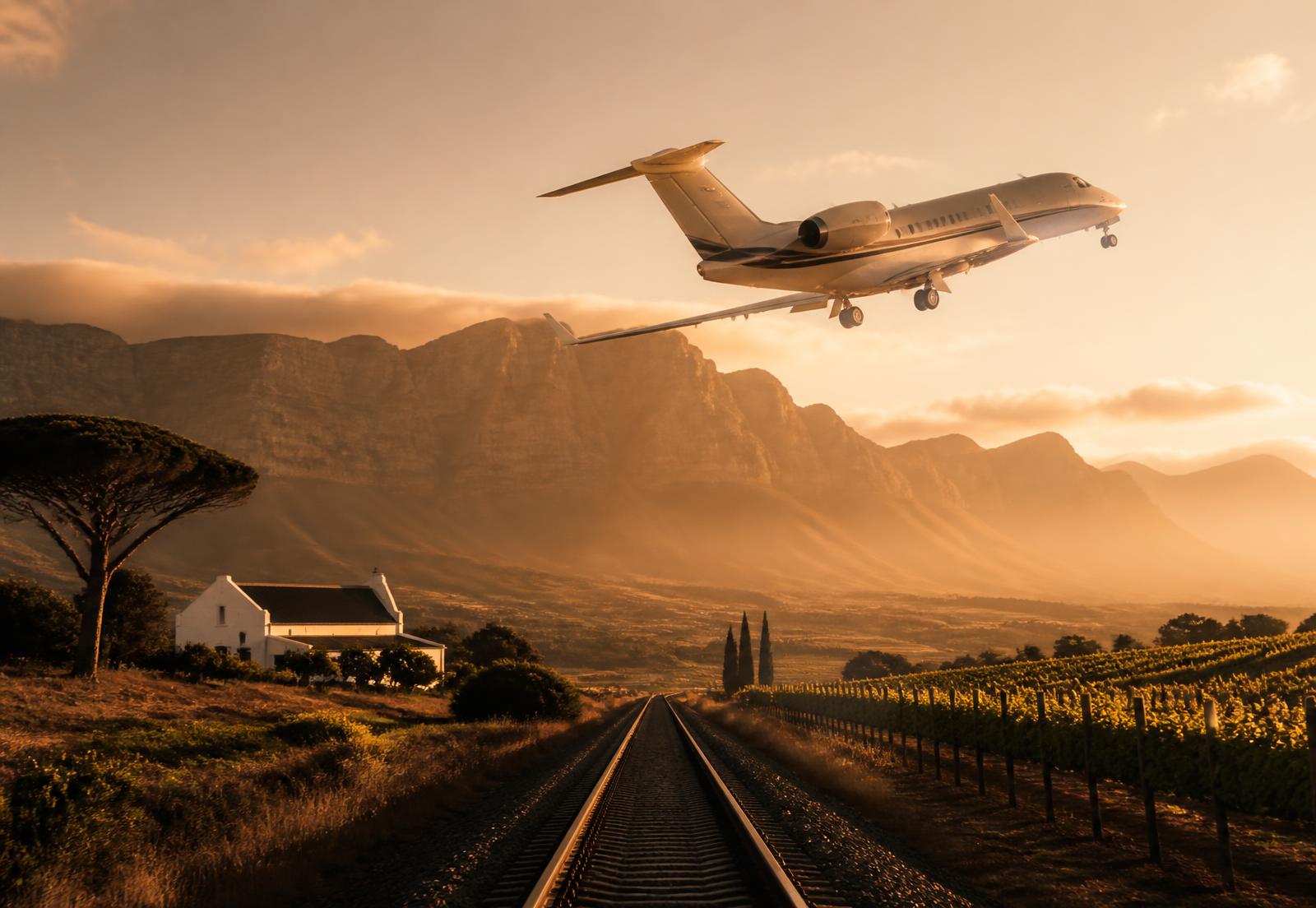 A private jet lifting off above a railway line at golden hour in the Cape