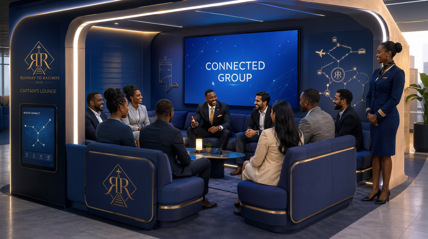 The Captain's Lounge: professionals gathered in a navy and gold branded suite