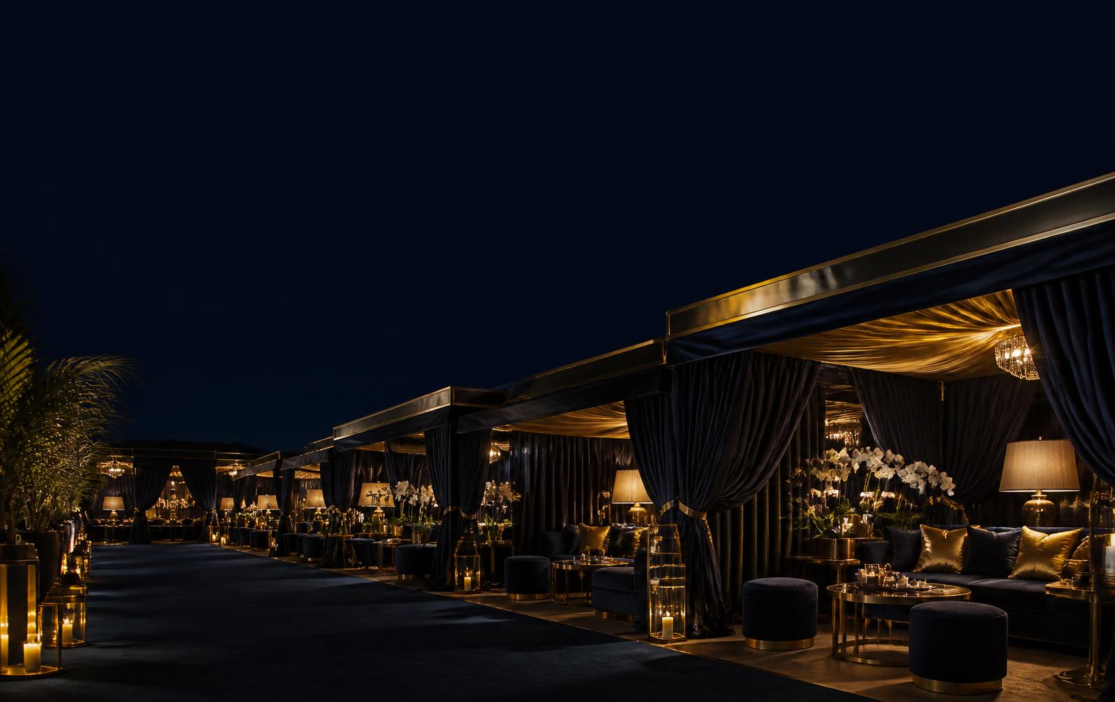 Wide view of the Captain's Lounge environment at night