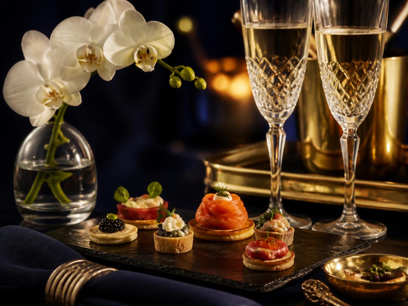 Canapés and orchids arranged on a lounge table