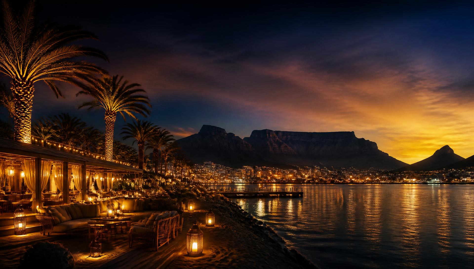 The Grand Africa Confé at the V&A Waterfront, Cape Town, with Table Mountain at dusk