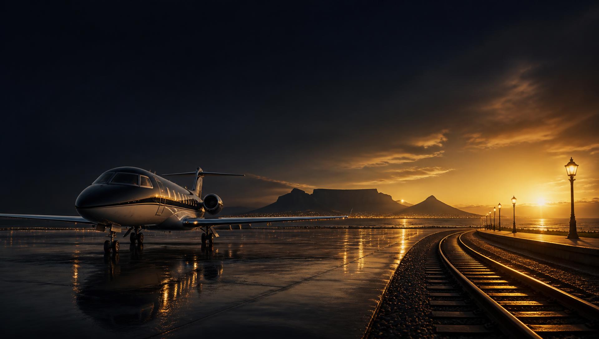 A private jet on a rain-slicked runway meeting railway tracks at sunset over Cape Town