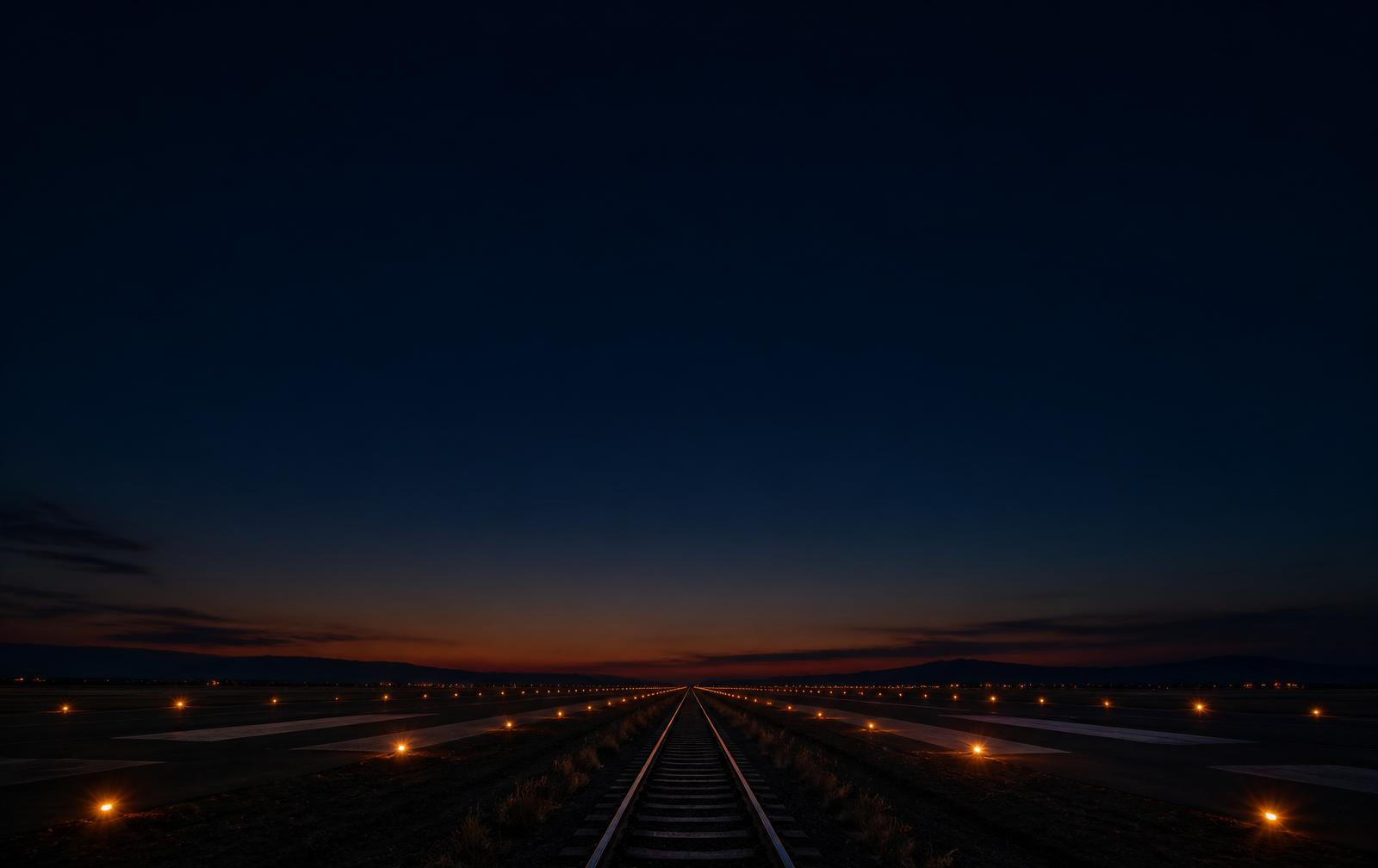 A runway resolving into railway tracks at dusk
